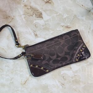 Coach Brown Shimmer Signature Studded Patent Leather Canvas Wristlet Bag Pouch
